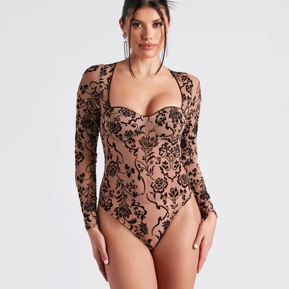 NWOT Floral Black and tan Roses Mesh Bodysuit - Nude - Picture 3 of 6